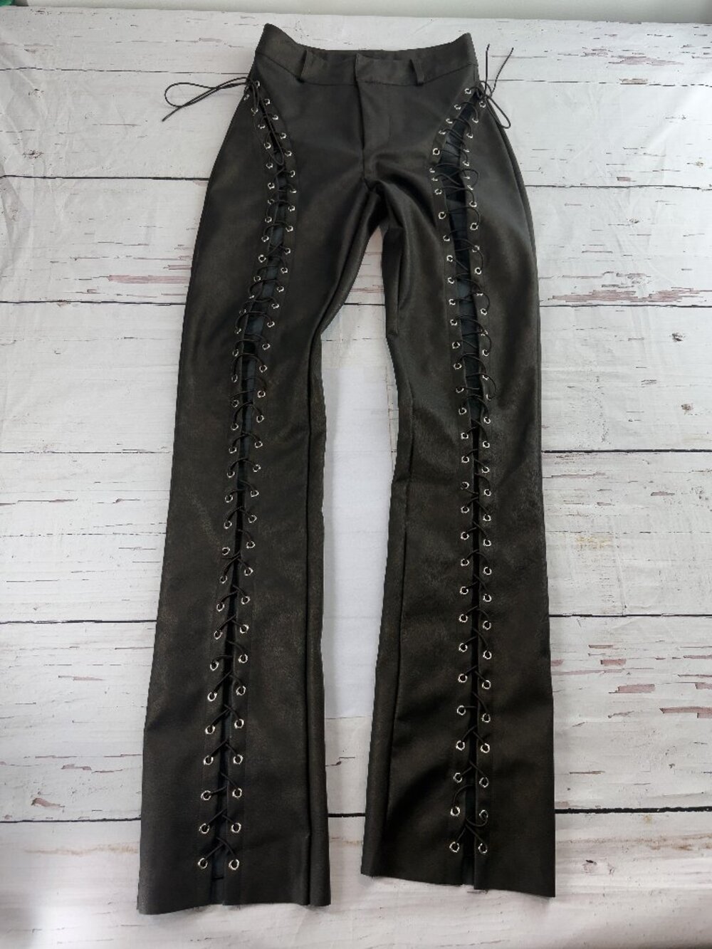 White Fox Lace-Up Faux Leather Flare Chocolate XS Y2K Moto grunge Y2K trouser - Picture 2 of 13